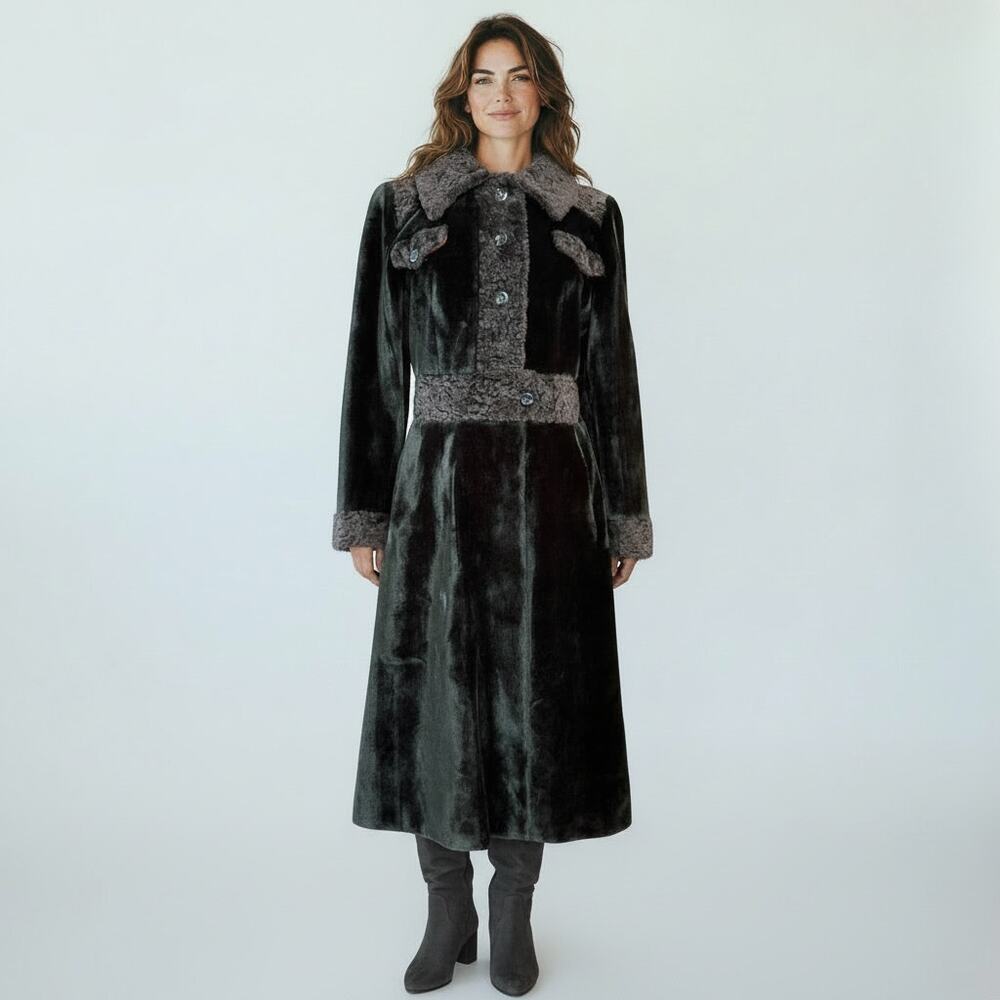 Vintage Borgazia Sportowne XS Faux Fur Long Coat Brown Plush Mod Belted Style